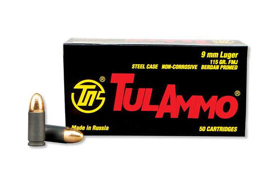 The Tula Ammo 9mm ammunition features a 115 grain fmj projectile seated in a steel case